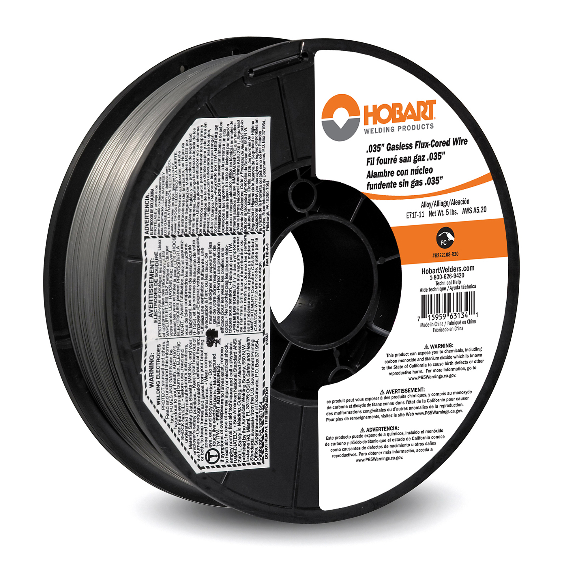 Hobart Flux-Cored Welding Wire, E71T-11 Carbon Steel, .035in., 5-Lb. Spool, Model# H222108-R20